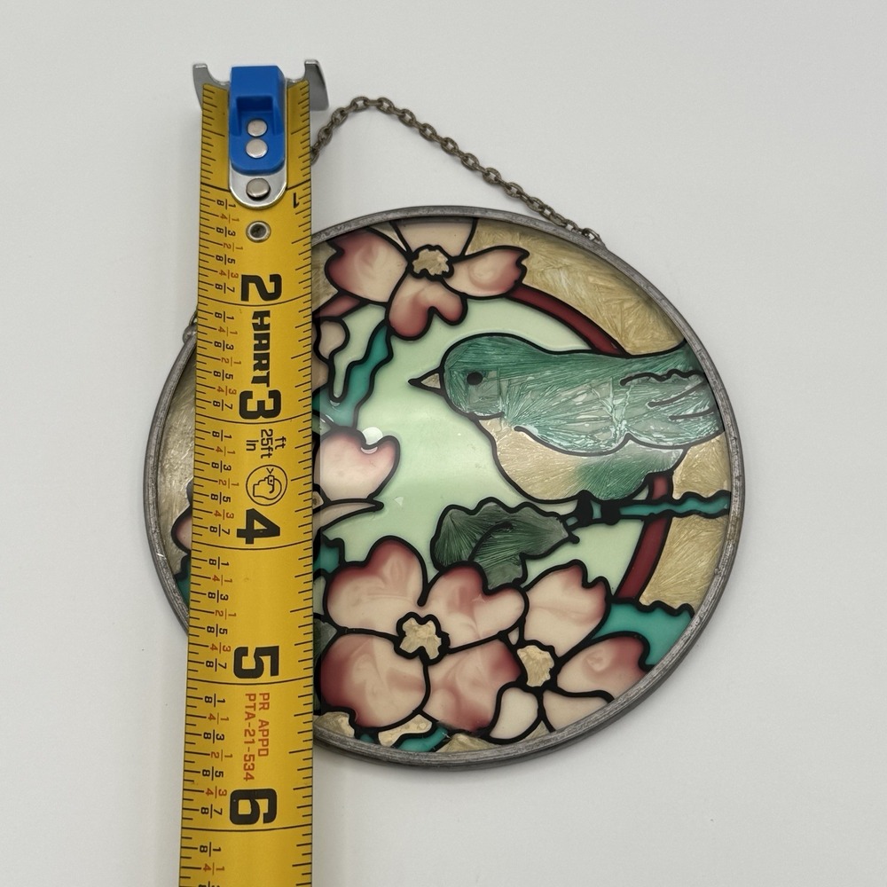 Vintage Round Stained Glass Bird Dogwood Flower Suncatcher Leaded Window Panel - Picture 3 of 8